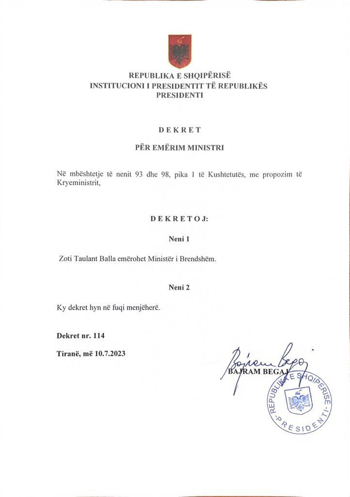 DOKUMENTI/ Presidenti Begaj dekreton emërimin e Taulant Ballës si ministër i Brendshëm