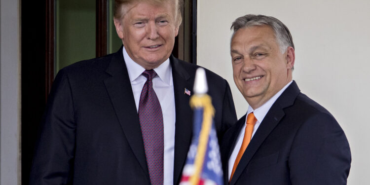 U.S. President Donald Trump, left, and Viktor Orban, HungaryÕs prime minister, stand for photographers at the West Wing of the White House in Washington, D.C., U.S., on Monday, May 13, 2019. Trump is meeting with the nationalist leader of Hungary despite bipartisan objections from Congress, as the U.S. seeks to steer the Central European nation and NATO member away from Russia and China. Photographer: Andrew Harrer/Bloomberg