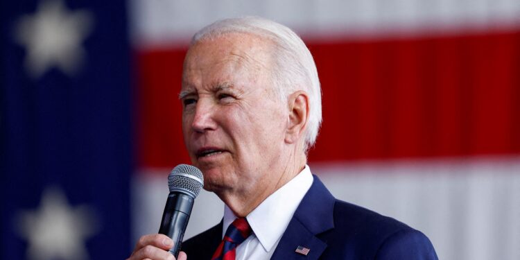 FILE PHOTO: U.S. President Joe Biden delivers remarks to service members, first responders, and their families on the day of the 22nd anniversary of the September 11, 2001 attacks on the World Trade Center, at Joint Base Elmendorf-Richardson in Anchorage, Alaska, September 11, 2023. REUTERS/Evelyn Hockstein/File Photo