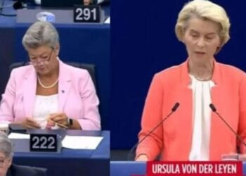 Komisionerja e BE-së filmohet duke thurur me shtiza gjatë fjalimit të Von der Leyen