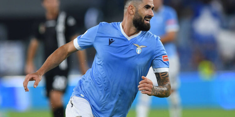 The player of Lazio Elseid Hysaj celebrating after score the goal during the match Lazio-Spezia at Olympic Stadium. Rome Italy, August 28th, 2021 Rome Italy - ZUMAm169 0132460120st Copyright: xMassimoxInsabatox