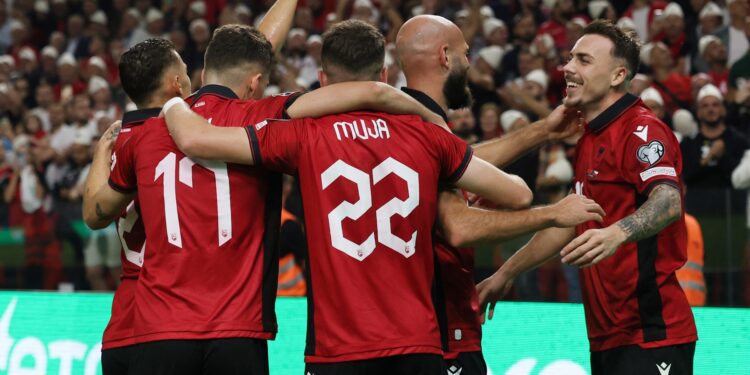 Soccer Football - Euro 2024 Qualifier - Group E - Albania v Czech Republic - Air Albania Stadium, Tirana, Albania - October 12, 2023  Albania's Taulant Seferi celebrates scoring their third goal with teammates REUTERS/Florion Goga