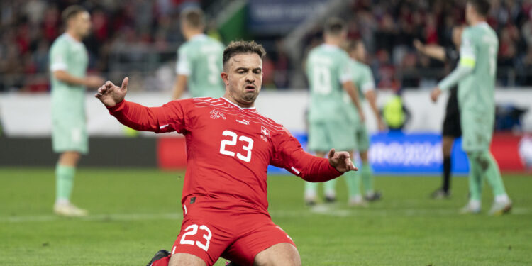 15.10.2023; St.Gallen; Fussball Nationalmannschaft Euro 2024 Qualifikation - Schweiz - Belarus, Jubel Torschuetze Xherdan Shaqiri (SUI) nach dem Tor zum 1:0
(Claudio Thoma/freshfocus)