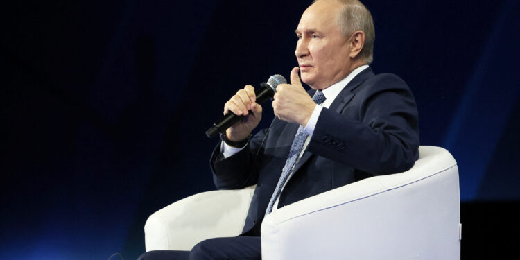 Russian President Vladimir Putin attends a plenary session as part of the 3rd International Olympiad on Financial Security in the Sirius Park of Science and Art in Krasnodar region, Russia October 4, 2023. Sputnik/Mikhail Metzel/Pool via REUTERS