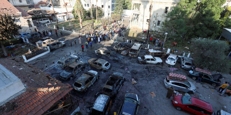 A view shows an area of Al-Ahli hospital where hundreds of Palestinians were killed in a blast that Israeli and Palestinian officials blamed on each other, and where Palestinians who fled their homes were sheltering amid the ongoing conflict with Israel,  in Gaza City, October 18, 2023.  REUTERS/Mohammed Al-Masri     TPX IMAGES OF THE DAY