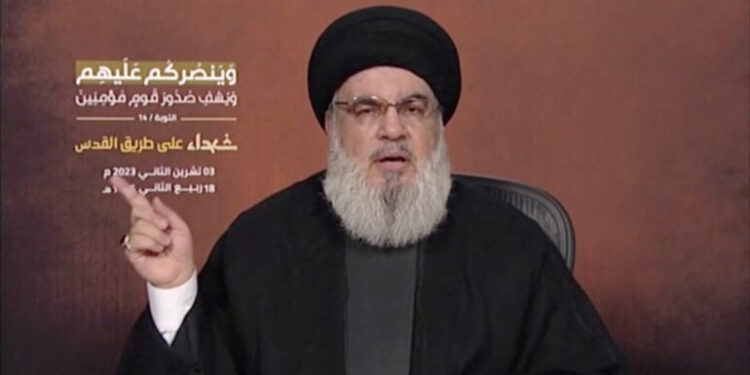 Hezbollah leader Sayyed Hassan Nasrallah delivers his first address since the October conflict between Palestinian group Hamas and Israel, from an unspecified location in Lebanon, in this screenshot taken from video obtained November 3, 2023. Al-Manar via REUTERS THIS IMAGE HAS BEEN SUPPLIED BY A THIRD PARTY. NO RESALES. NO ARCHIVES