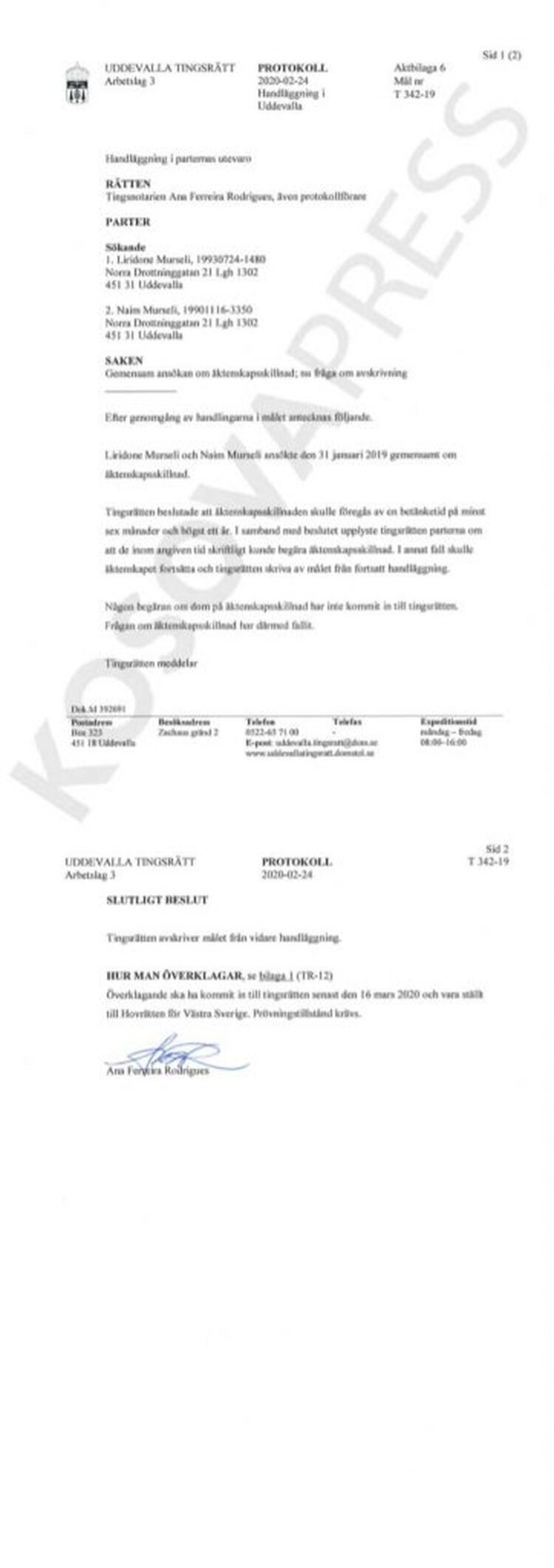 Dokumenti/ Vrasja e 30-vjeçares në Kosovë, Liridona dhe Naimi kishin bërë kërkesë për divorc në Suedi