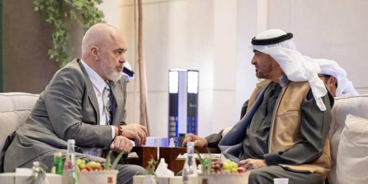 ABU DHABI, UNITED ARAB EMIRATES - February 13, 2024: HH Sheikh Mohamed bin Zayed Al Nahyan, President of the United Arab Emirates (R), meets with HE Edi Rama, Prime Minister of Albania (L), at Shati Palace. 
( Mohamed Al Hammadi / UAE Presidential Court )
---