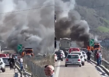 LAJMI FUNDIT/ Merr flakë autobusi në aksin Elbasan-Tiranë, shtëllunga tymi në zonë