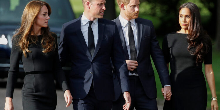 Britain's William, Prince of Wales, Catherine, Princess of Wales, Prince Harry and Meghan, the Duchess of Sussex walk outside Windsor Castle, following the passing of Britain's Queen Elizabeth, in Windsor, Britain, September 10, 2022. REUTERS/Peter Nicholls