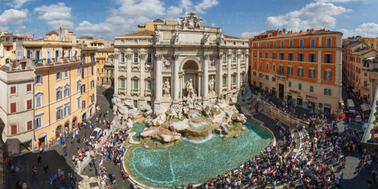 Aerial view of the Fontana di Trevi fountain in the city of Rome, Italy