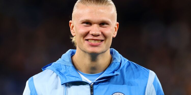 MANCHESTER, ENGLAND - FEBRUARY 20: Erling Haaland of Manchester City looks on during the Premier League match between Manchester City and Brentford FC at Etihad Stadium on February 20, 2024 in Manchester, England. (Photo by Chris Brunskill/Fantasista/Getty Images)