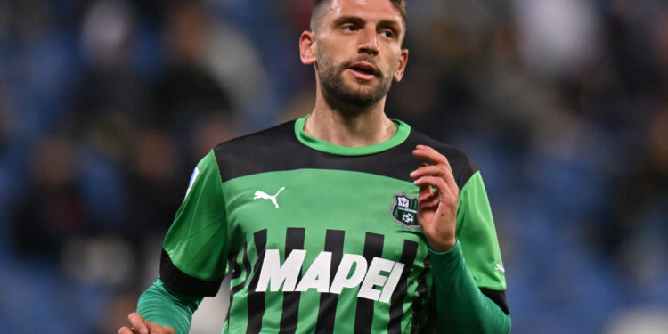 REGGIO NELL'EMILIA, ITALY - APRIL 03: Domenico Berardi of US Sassuolo reacts during the Serie A match between US Sassuolo and Torino FC at Mapei Stadium - Citta' del Tricolore on April 03, 2023 in Reggio nell'Emilia, Italy. (Photo by Alessandro Sabattini/Getty Images)