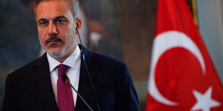 FILE PHOTO: Turkish Foreign Minister Hakan Fidan attends a press conference, with Venezuelan Foreign Minister Yvan Gil Pinto (not pictured), in Caracas, Venezuela February 24, 2024. REUTERS/Leonardo Fernandez Viloria/File Photo