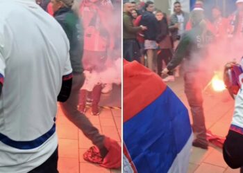 VIDEO/ Tifozët anglezë provokojnë serbët me flamurin kuqezi, i vihet flaka! Ndërhyjnë shqiptarët