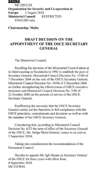 Igli Hasani, kandidati i vetëm zyrtar për Sekretar të Përgjithshëm të OSBE-së