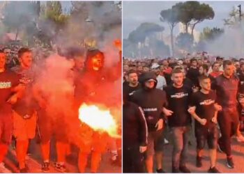 FOTO/ Shqipëri-Gjeorgji! “Tifozët Kuq e Zi” elektrizojnë kryeqytetin, çfarë ndodhi mes dy tifozerive