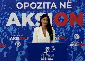 FOTO/ Missi që lexon deklaratat e shtypit të Sali Berishës