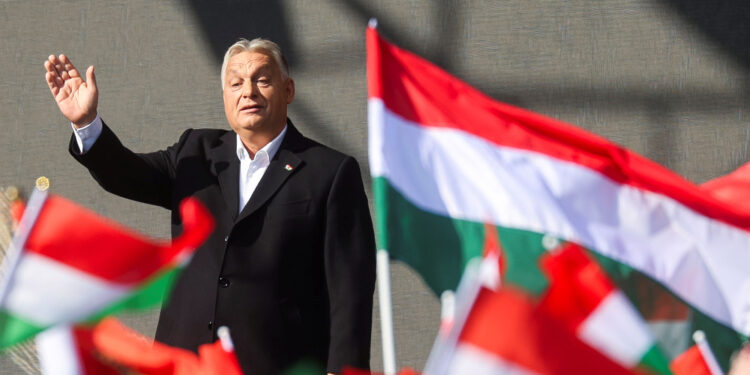 Hungarian Prime Minister Viktor Orban waves as he delivers a speech during the celebrations of the 68th anniversary of the Hungarian Uprising of 1956, in Budapest, Hungary. REUTERS/Bernadett Szabo