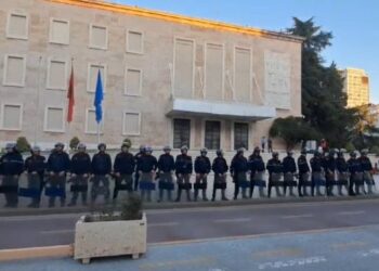 Me veshje të posaçme dhe kokore, krijohet kordoni i policisë para Kryeministrisë