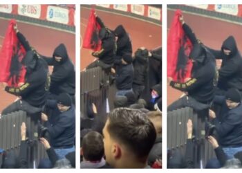 VIDEO/ Tifozët e Serbisë tentojnë të djegin flamurin kuqezi, plas grushti pas ndeshjes me Zvicrën