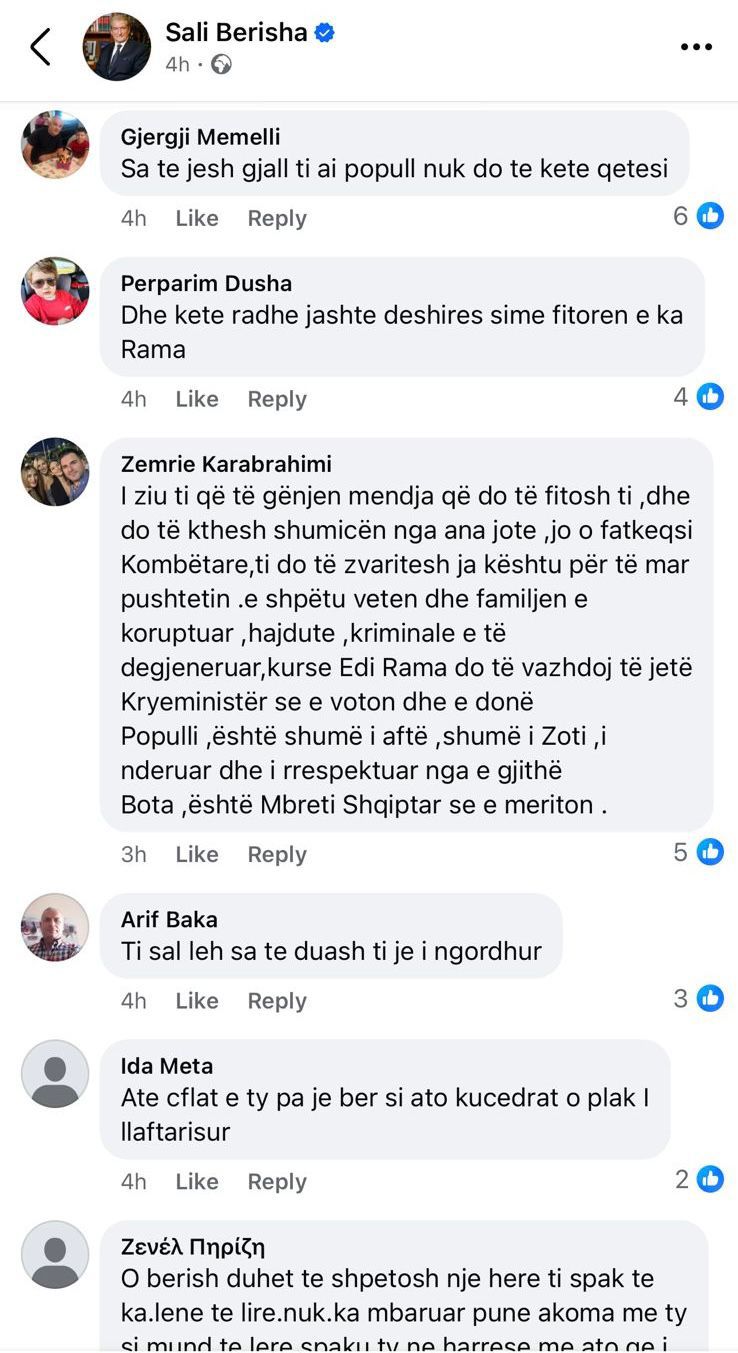 Pas reagimit të Veliajt, rrjeti zjen me komente negative kundër Sali Berishës: Plak i ndyrë, dogje Shqipërinë 30 vjet