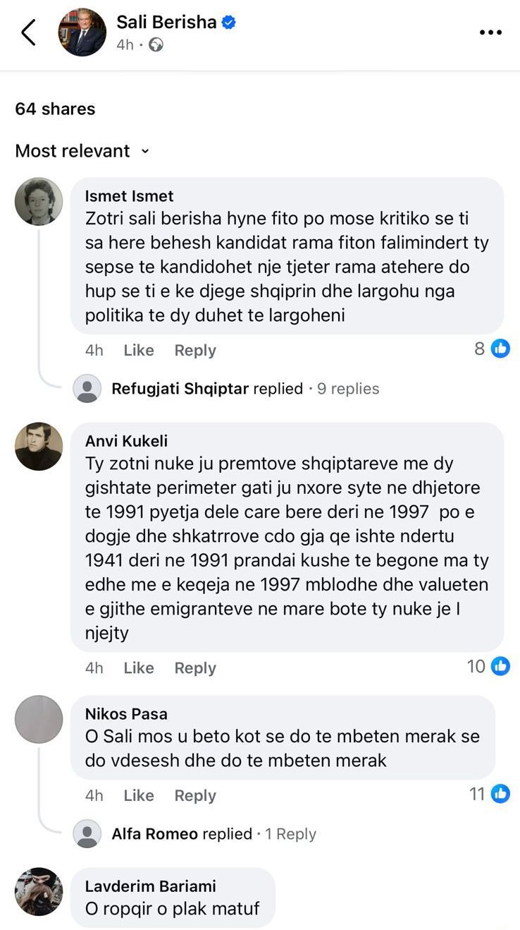 Pas reagimit të Veliajt, rrjeti zjen me komente negative kundër Sali Berishës: Plak i ndyrë, dogje Shqipërinë 30 vjet
