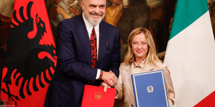 Italy's Prime Minister Giorgia Meloni, as he meets Albania s Prime Minister Edi Rama at Chigi Palace, in Rome, Italy 6 November 2023. ANSA/GIUSEPPE LAMI