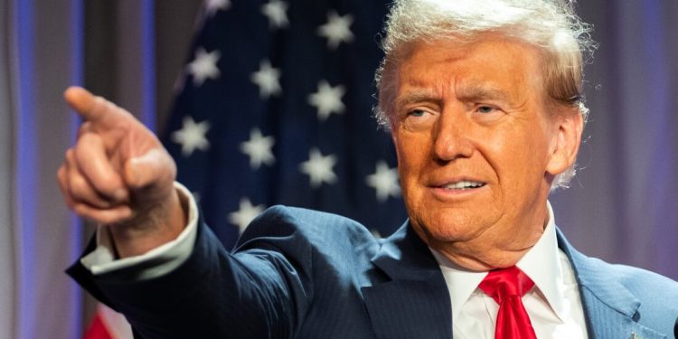 WASHINGTON, DC - NOVEMBER 13: U.S. President-elect Donald Trump speaks at a House Republicans Conference meeting at the Hyatt Regency on Capitol Hill on November 13, 2024 in Washington, DC. As is tradition with incoming presidents, Trump is traveling to Washington, DC to meet with U.S. President Joe Biden at the White House as well as Republican members of Congress on Capitol Hill. (Photo by Allison Robbert-Pool/Getty Images)