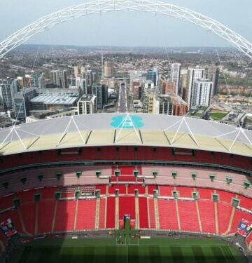 LONDON, ENGLAND - MARCH 21: An aerial view of the stadium before the FIFA World Cup 2026 European Qualifier between England and Albania at Wembley Stadium on March 21, 2025 in London, England. (Photo by Michael Regan - The FA/The FA via Getty Images)