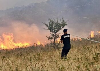 Zjarri në Malin e Sopotit kërcënon Gjirokastrën dhe Lazaratin, zjarrfikësit dhe banorët në betejë me flakët