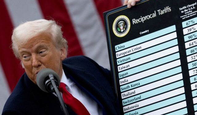 FILE PHOTO: U.S. President Donald Trump delivers remarks on tariffs in the Rose Garden at the White House in Washington, D.C., U.S., April 2, 2025. REUTERS/Carlos Barria/File Photo