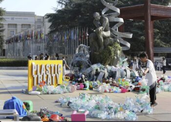 Pirgje plastike mbi skulpturë, artisti ‘ulëret’ përpara godinës së Kombeve të Bashkuara