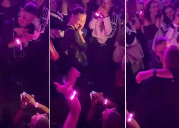 VIDEO-Gjatë koncertit të Alban Skënderajt/ Djali ulet në gjunjë dhe i propozon të dashurës së tij për martesë në mes të turmës