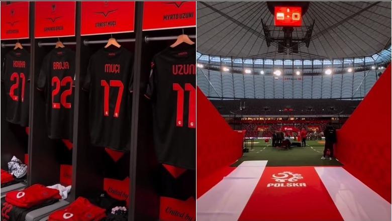 Kombëtarja luan me fanellën  e fatit  në Varshavë  brenda dhomës së zhveshjes së Kombëtares  Ekipi niset drejt stadiumit