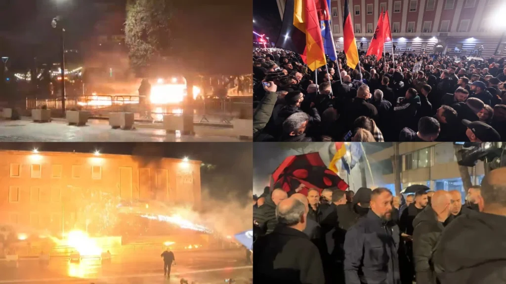 Molotovë dhe fishekzjarrë drejt Kryeministrisë, dy ministrive dhe selisë së PS, digjet automjeti i Policisë së Shtetit