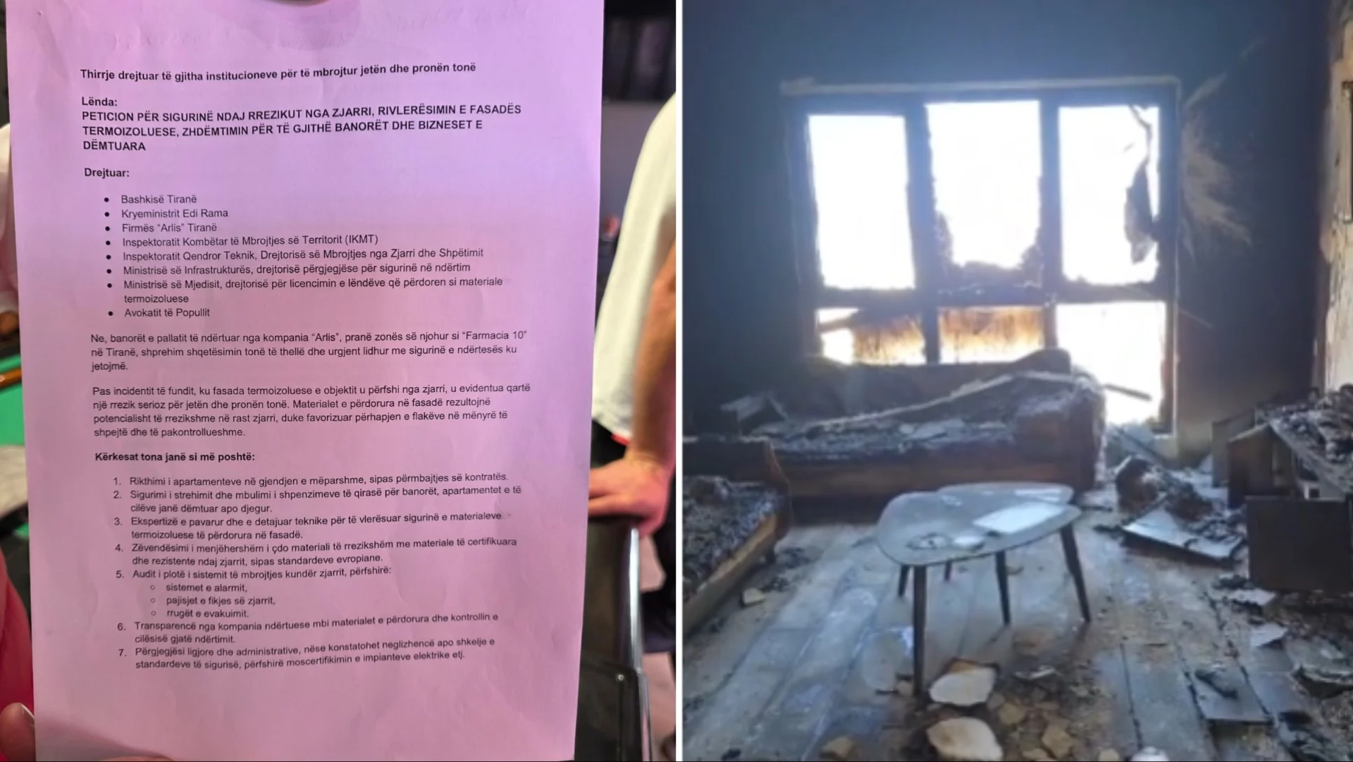 Zjarri te pallati pranë QSUT  banorët e prekur nënshkruajnë një peticion me 10 kërkesa urgjente