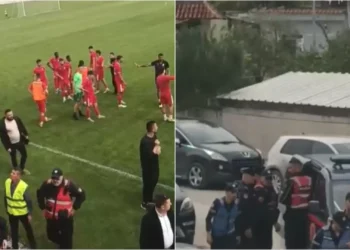 VIDEO/ Kaos në futbollin shqiptar! Bruno Telushi përplaset me policinë, arrestohet gjatë dhunës në ndeshje
