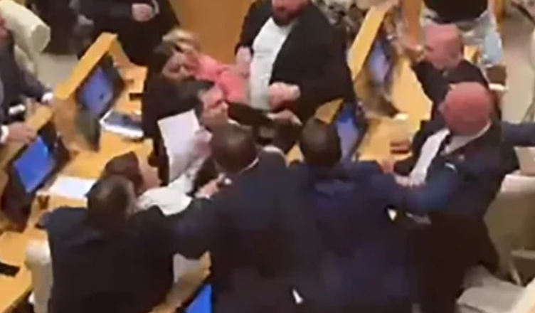 Skandal në parlamentin e Gjeorgjisë  deputetët përplasen fizikisht  VIDEO 