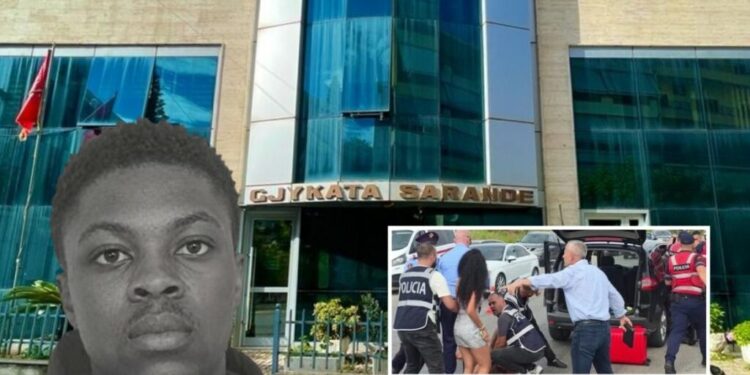 Në foto: Gjykata e Sarandës, momenti i arrestimit të autorit dhe viktima