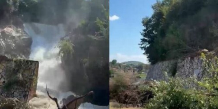 Shembet kanali vaditës në Elbasan  bllokohet prej orësh aksi drejt Cërrikut  uji e dherat vërshojnë në rrugë   FOTO 