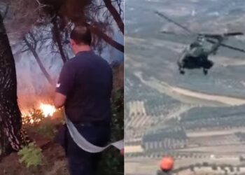 Zjarri në Mallakastër ende i rrezikshëm, ushtria ndërhyn përsëri me helikopter nga ajri për të shuar flakët!