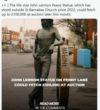 Statuja gjigante e John Lennon në Penny Lane nxirret në ankand, vlera mund të arrijë në 100 mijë paund