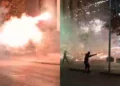 Sulmohet selia e PS-së, protestuesit i vënë flakën kioskës në qendër, fishekzjarrë edhe drejt efektivëve te Banka e Shqipërisë