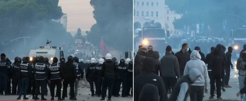Protestuesit rinisin sulmin ndaj policisë përballë Kryeministrisë  Policia i mban larg me ujë e gaz 