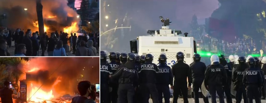 Protestuesit i vënë zjarrin një tjetër biznesi  digjet kioska në bulevardin  Dëshmorët e Kombit   Tymi dhe flakët mbulojnë zonën
