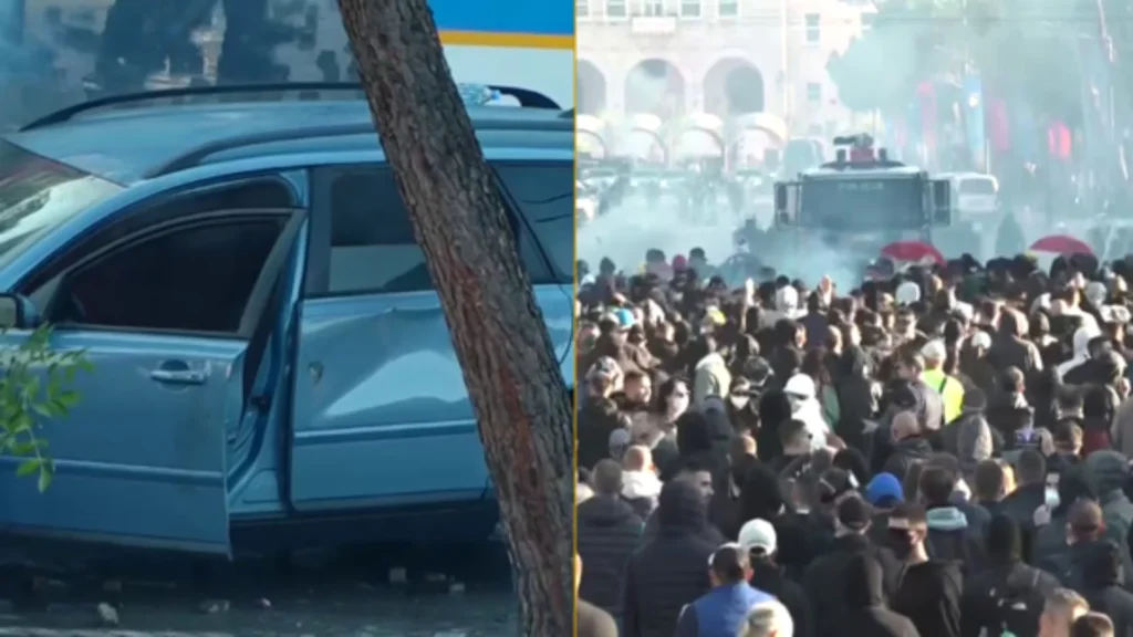 VIDEO/ Tensione në bulevard, protestuesit i vënë flakën “Audit” pas përplasjes me policinë, efektivët tërhiqen me shpejtësi!