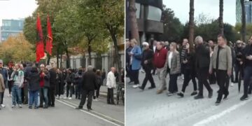 Protesta, PD marshon nga selia në bulevardin para Kryeministrisë! Mungon Berisha, prijnë Noka dhe Bardhi! Policia krijon perimetër sigurie (FOTO)