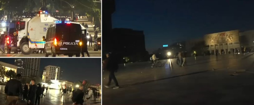 Protestuesit shpërndahen në disa drejtime  ndezin koshat e mbeturinave në rrugë  Policia i ndjek me makina dhe shoqëron disa prej tyre