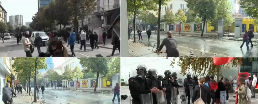 Rikthehen tensionet dhe dhuna te Ministria e Arsimit  protestuesit hedhin gurë dhe sende të forta  Policia përgjigjet me ujë e gaz duke i larguar